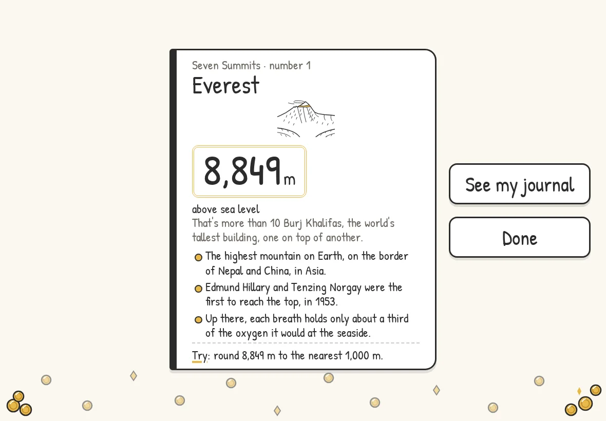 A collection page about Everest, with a few facts about it and a sum to try.