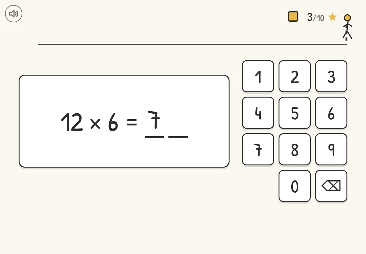 A times-tables question in the app, with the first digit of the answer typed on the number pad.